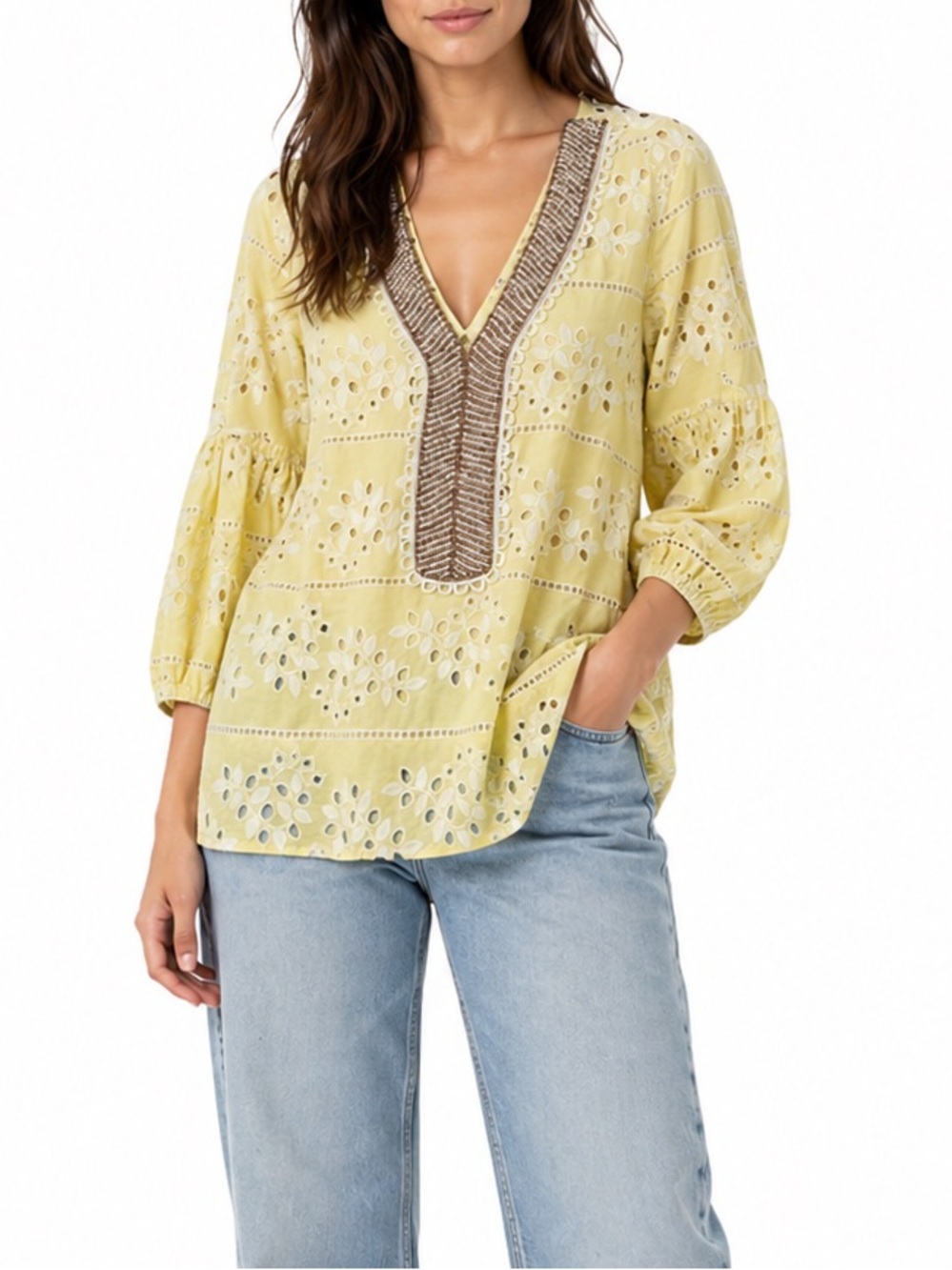 Chicos Beaded Neck‎ Eyelet Blouse Lemon Meringue Yellow Size 0 XS S